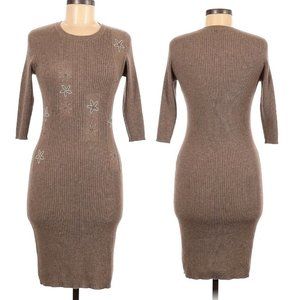 Cashmere Fitted Sweater Dress Ribbed Oatmeal Brown Knee‎ Length Neutral Sz M